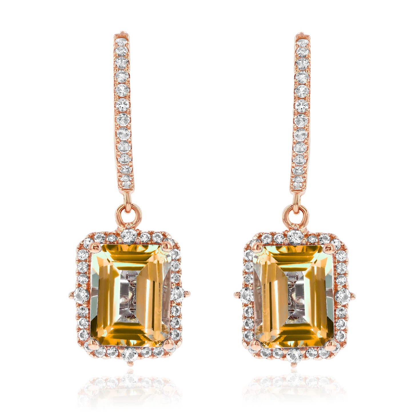 Suzy Levian Rose Sterling Silver Emerald Cut Citrine & White Topaz Halo Dangling Earrings