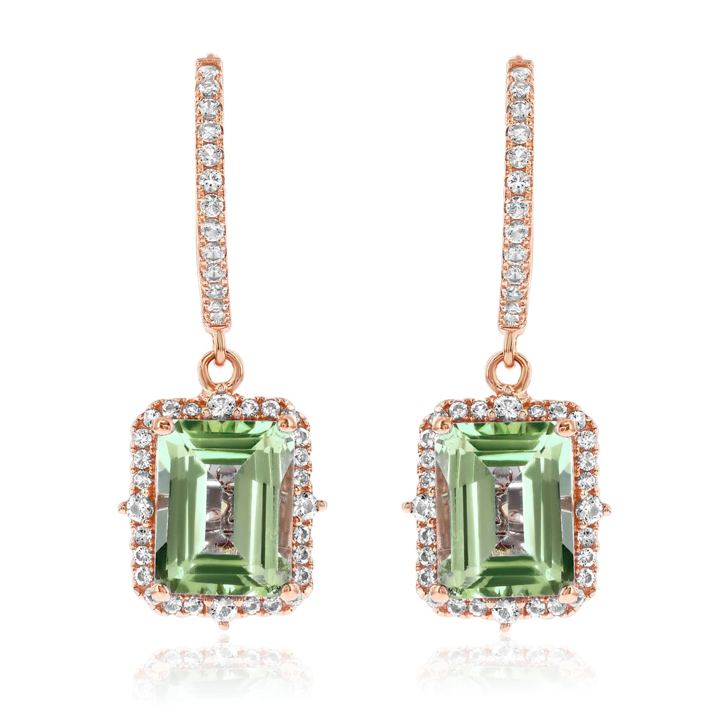 Suzy Levian Rose Sterling Silver Emerald Cut Green Amethyst & White Topaz Halo Dangling Earrings