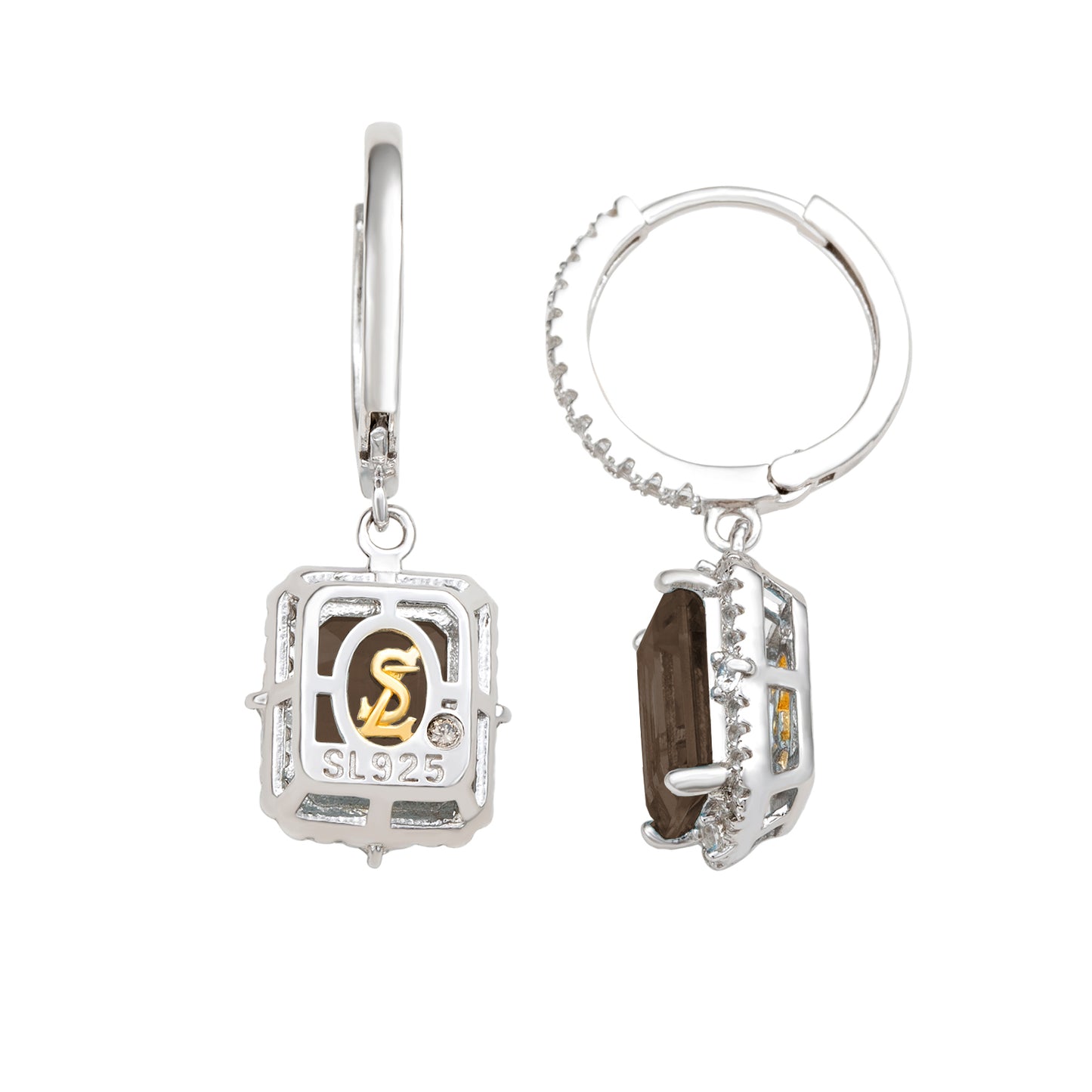 Suzy Levian Sterling Silver Emerald Cut Smoky Quartz & White Topaz Halo Dangling Earrings