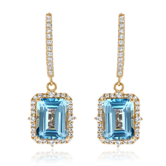Suzy Levian Yellow Sterling Silver Emerald Cut Blue Topaz & White Topaz Halo Dangling Earrings