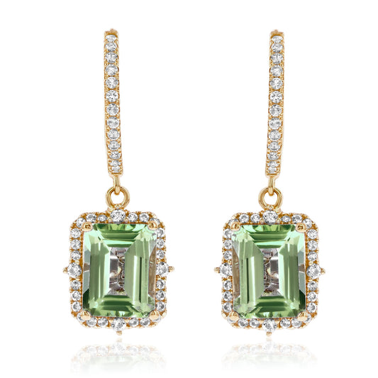 Suzy Levian Yellow Sterling Silver Emerald Cut Green Amethyst & White Topaz Halo Dangling Earrings