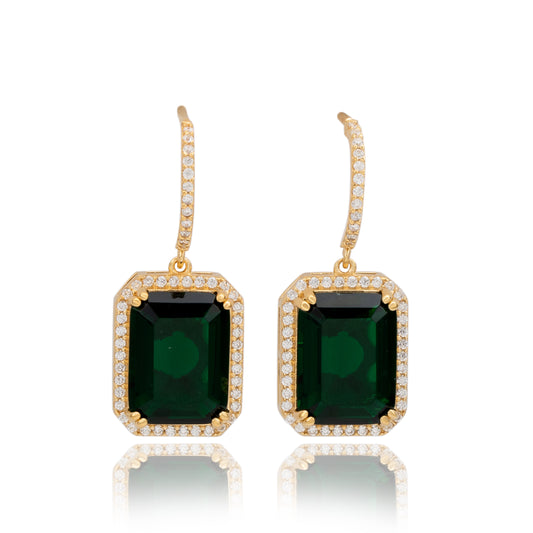 Suzy Levian Yellow Sterling Silver Emerald Cut Green White Cubic Zirconia Halo Dangling Earrings