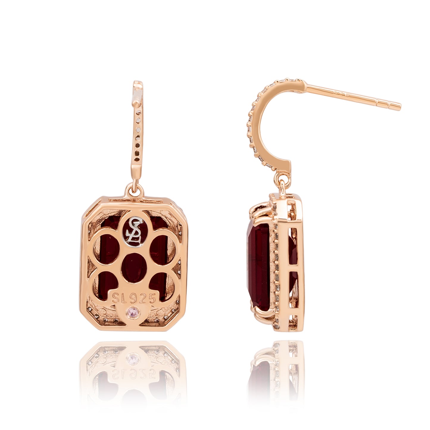 Suzy Levian Rose Sterling Silver Emerald Cut Red White Cubic Zirconia Halo Dangling Earrings