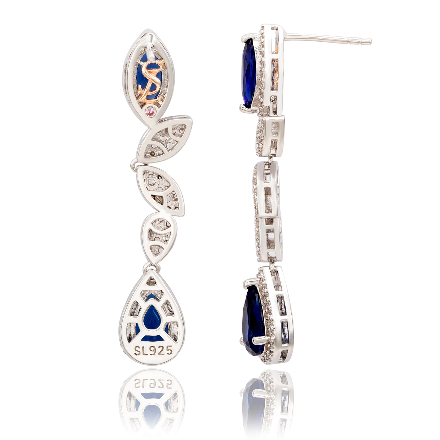 Suzy Levian Sterling Silver Blue and White Cubic Zirconia Pear Marquise Shapes Drop Earrings