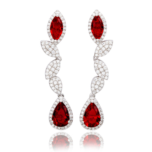Suzy Levian Sterling Silver Red and White Cubic Zirconia Pear Marquise Shapes Drop Earrings