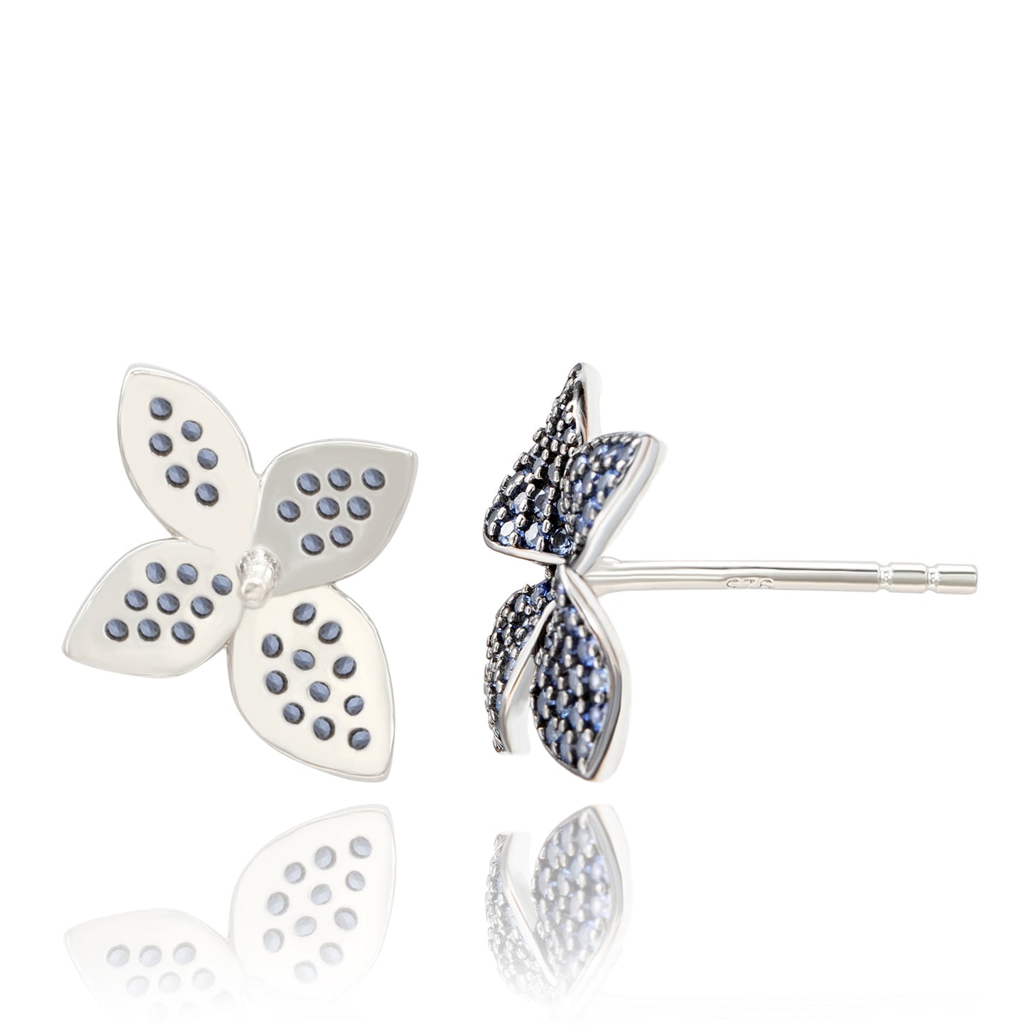 Suzy Levian Black Sterling Silver Blue Sapphire Flower Earrings