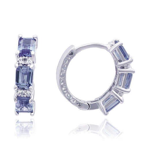 Suzy Levian Sterling Silver Emerald Cut Blue Sapphire and Diamond Accent Petite Hoop Earring