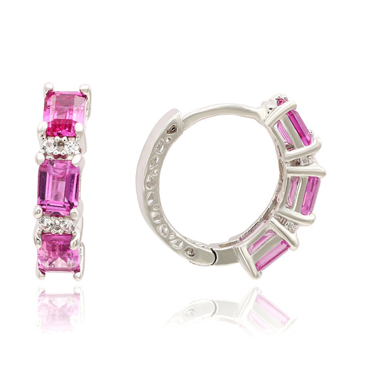 Suzy Levian Sterling Silver Emerald Cut Pink Sapphire and Diamond Accent Petite Hoop Earring