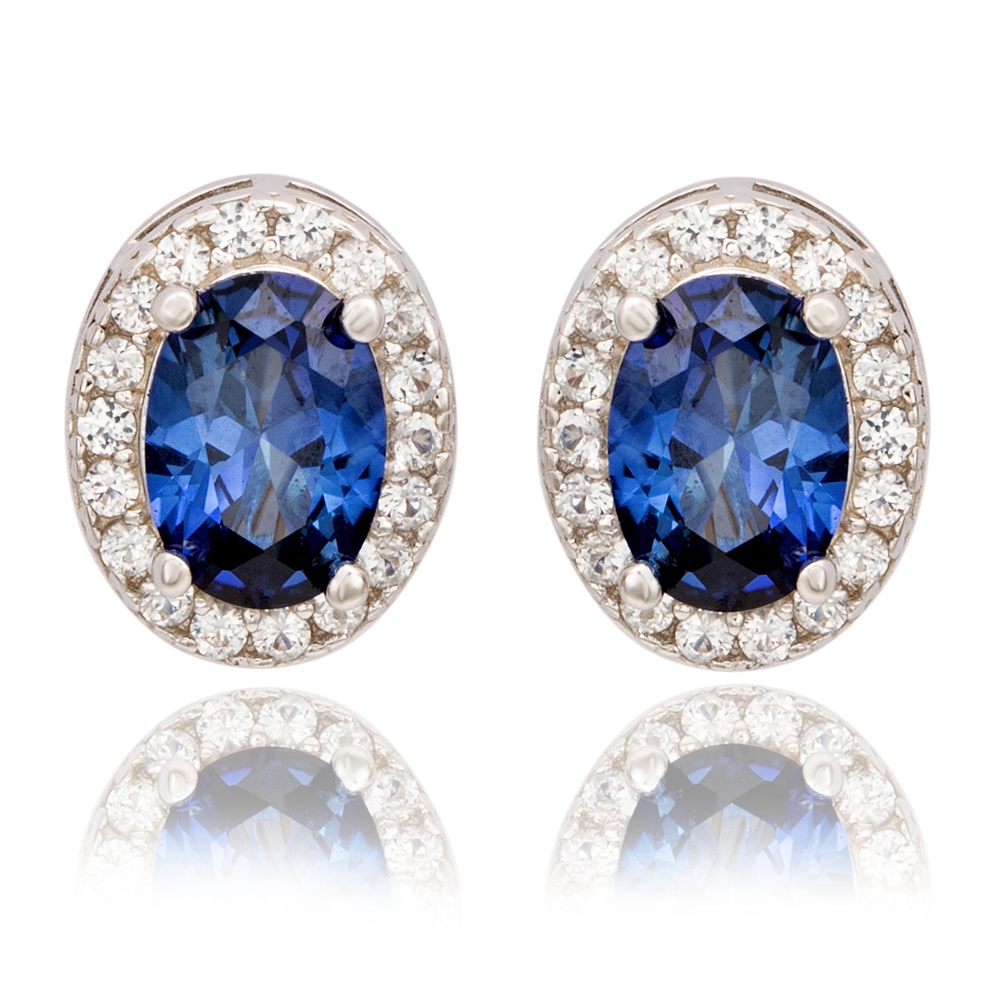 Suzy Levian Sterling Silver Oval Cut Sapphire Halo Stud Earrings