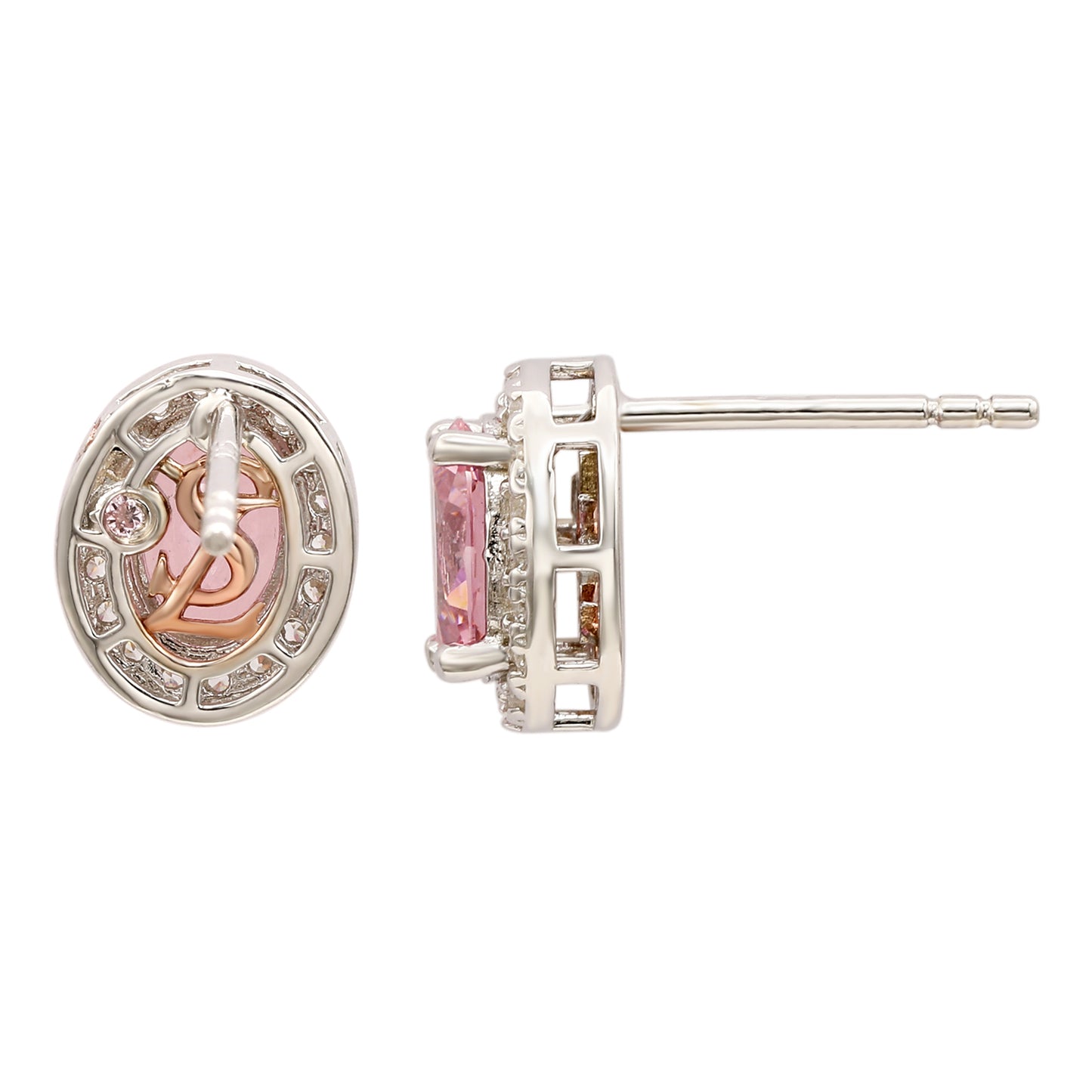Suzy Levian Sterling Silver Oval Cut Pink Sapphire Halo Stud Earrings