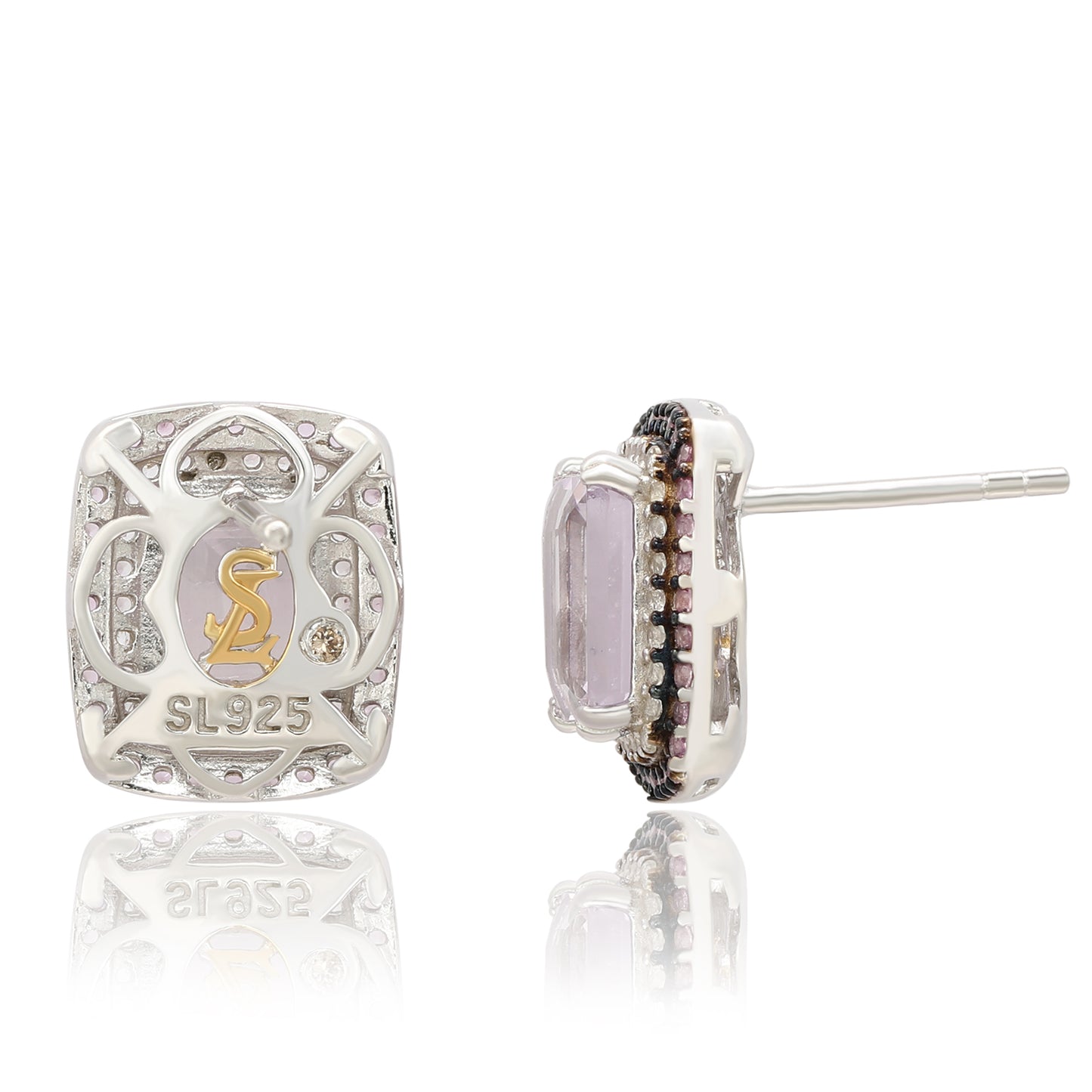 Suzy Levian Sterling Silver Emerald Cut Purple Amethyst And Pink Sapphire Accent Stud Earrings
