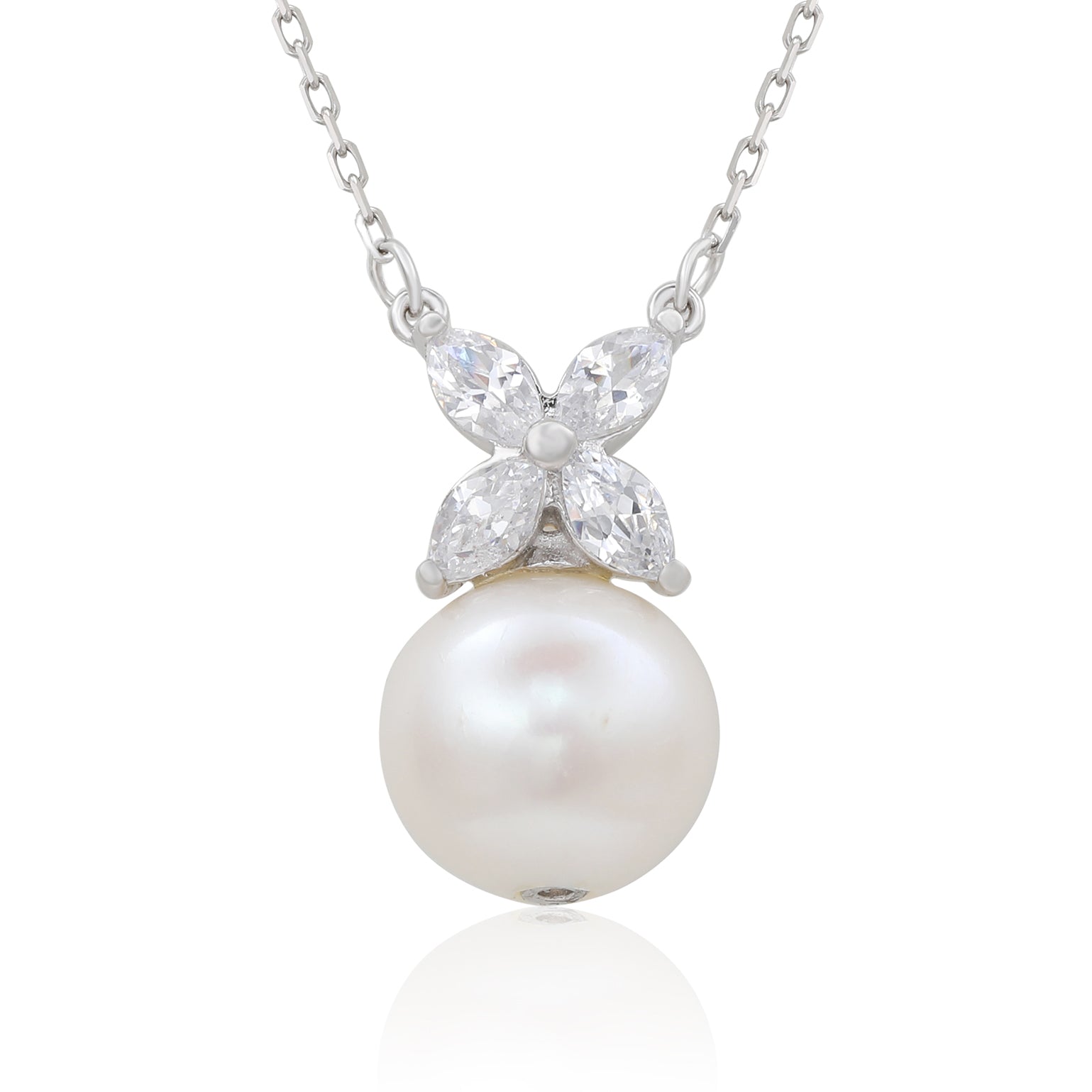 Suzy Levian Sterling Silver Pearl & White Sapphire Marquise Cluster Necklace