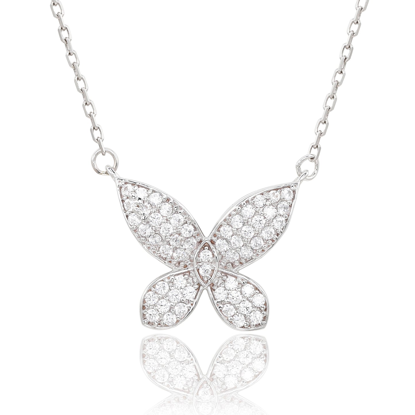 Suzy Levian White Sterling Silver White Cubic Zirconia  Pave Butterfly Necklace