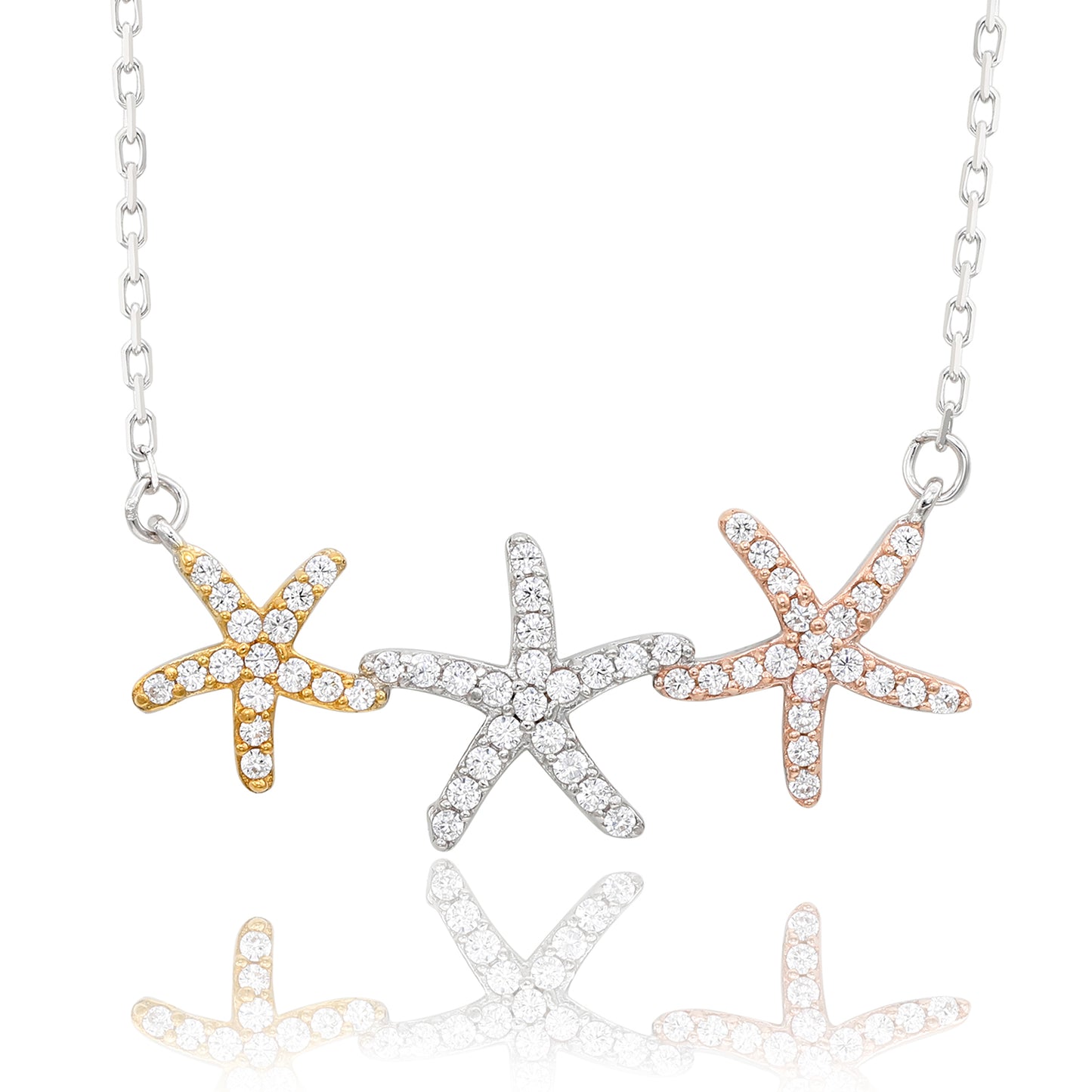 Suzy Levian Sterling Silver White Topaz Tri-Tone Starfish Trio Necklace