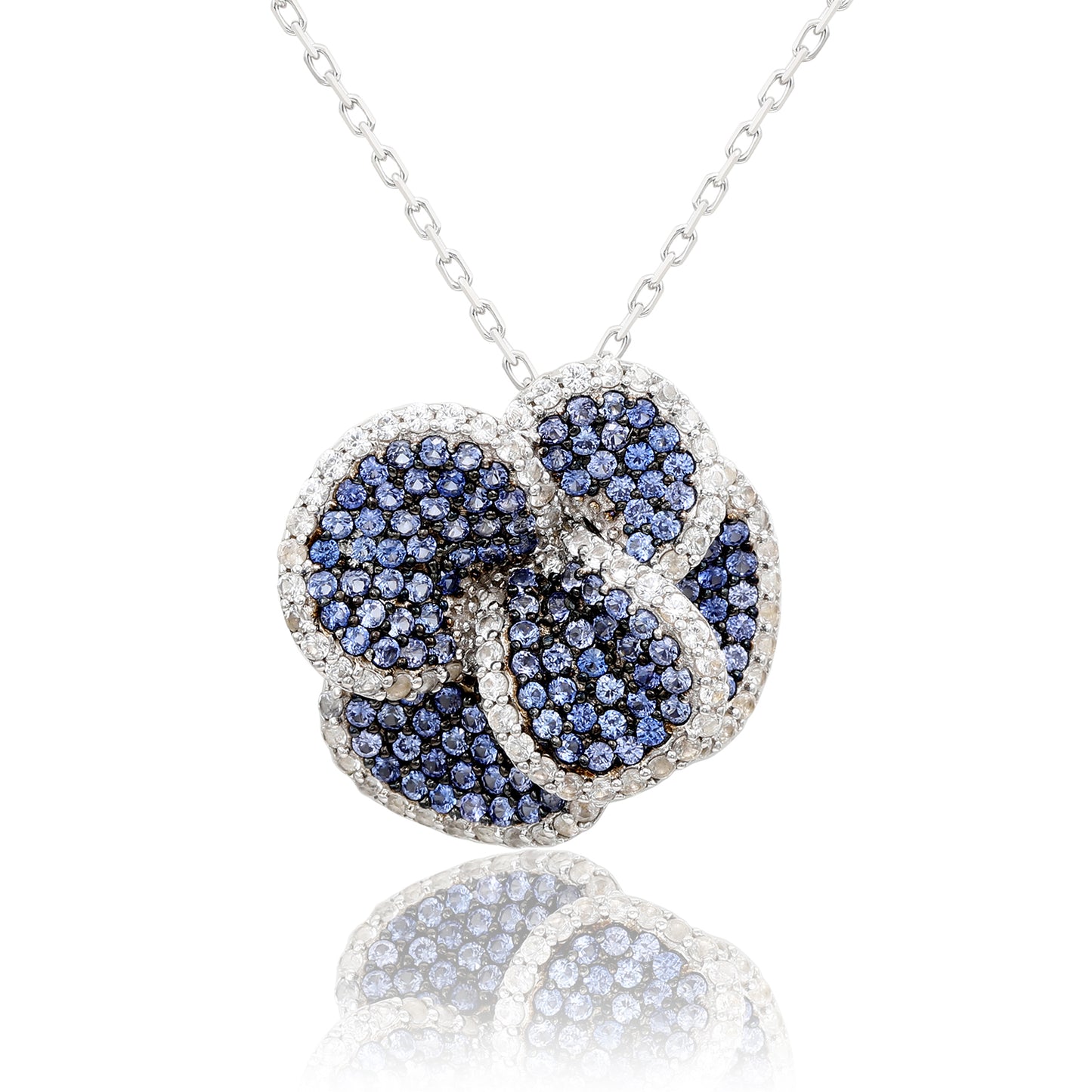 Suzy Levian Sterling Silver Sapphire and Diamond Pave Peony Flower Pendant with Chain