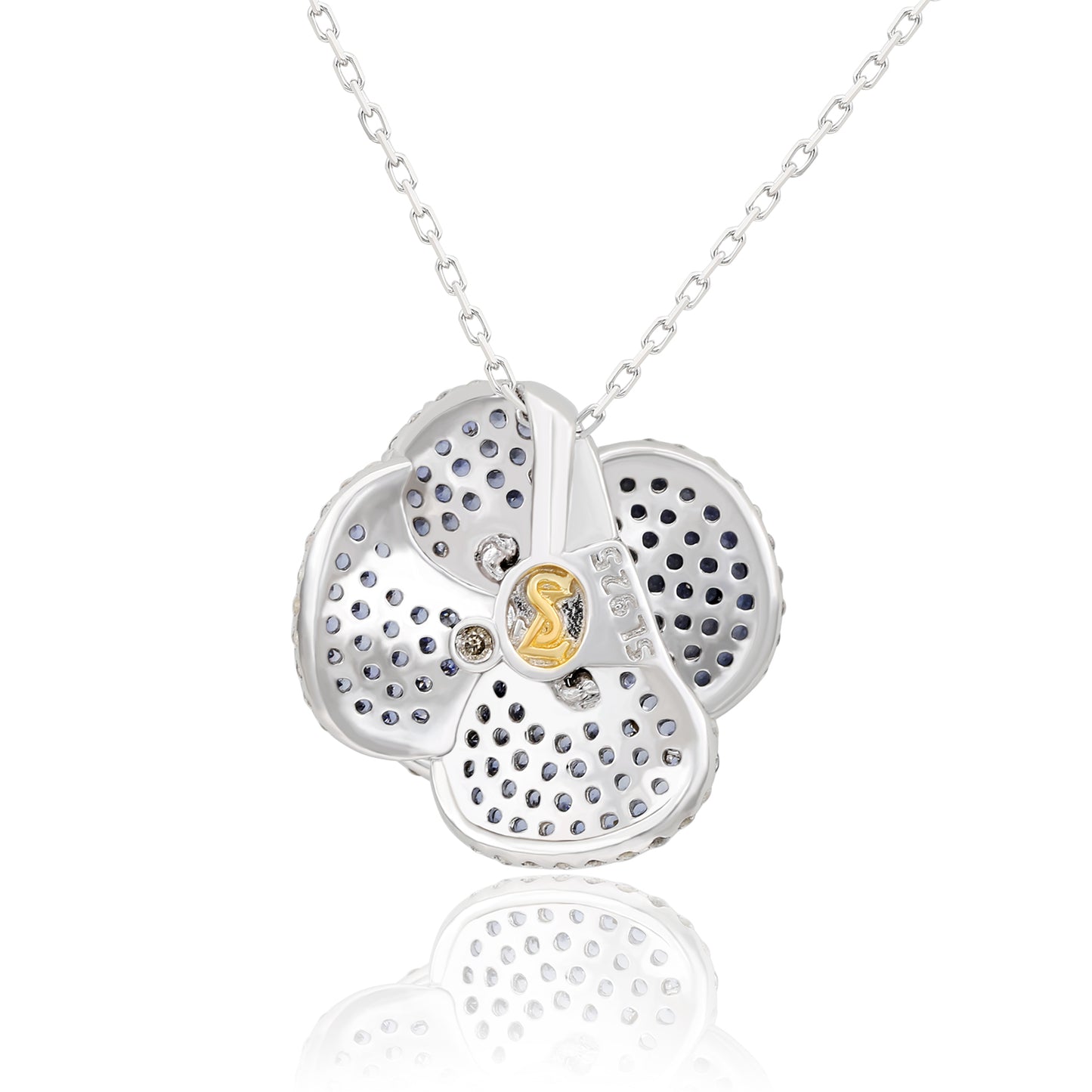 Suzy Levian Sterling Silver Sapphire and Diamond Pave Peony Flower Pendant with Chain