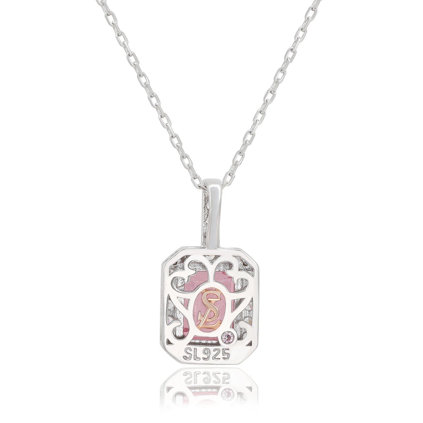 Suzy Levian Sterling Silver Emerald Cut Pink Sapphire Halo Pendant