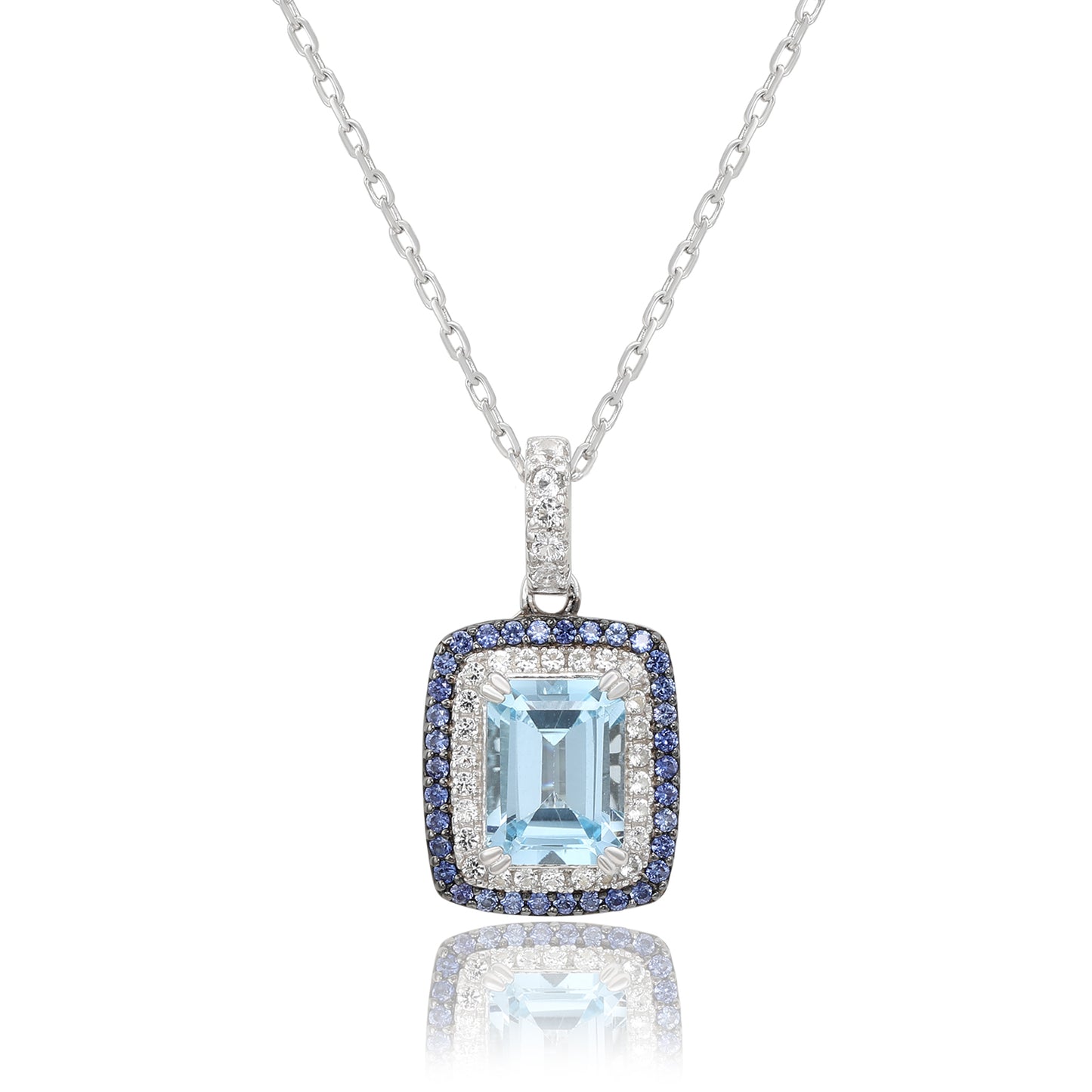 Suzy Levian Sterling Silver Emerald Cut Blue Topaz And Sapphire Accent Pendant