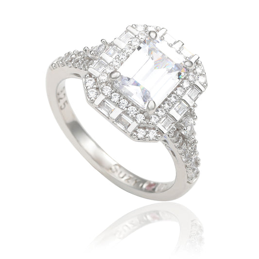 Suzy Levian Sterling Silver Emerald Cut White Cubic Zirconia Engagement Ring