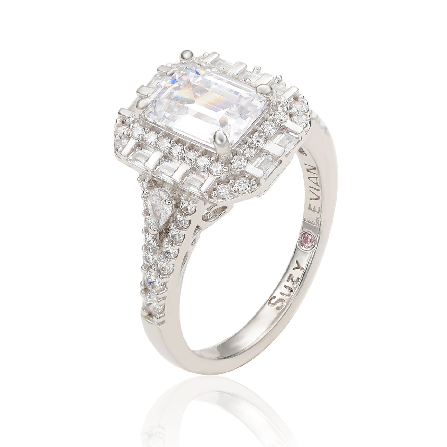 Suzy Levian Sterling Silver Emerald Cut White Cubic Zirconia Engagement Ring