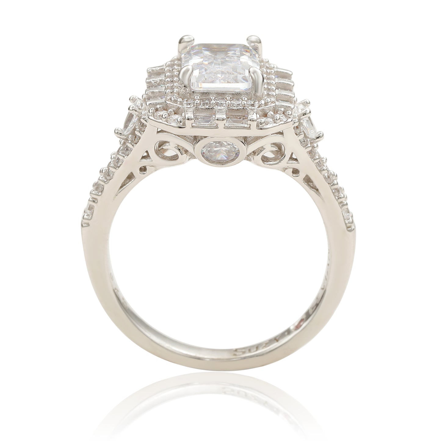 Suzy Levian Sterling Silver Emerald Cut White Cubic Zirconia Engagement Ring