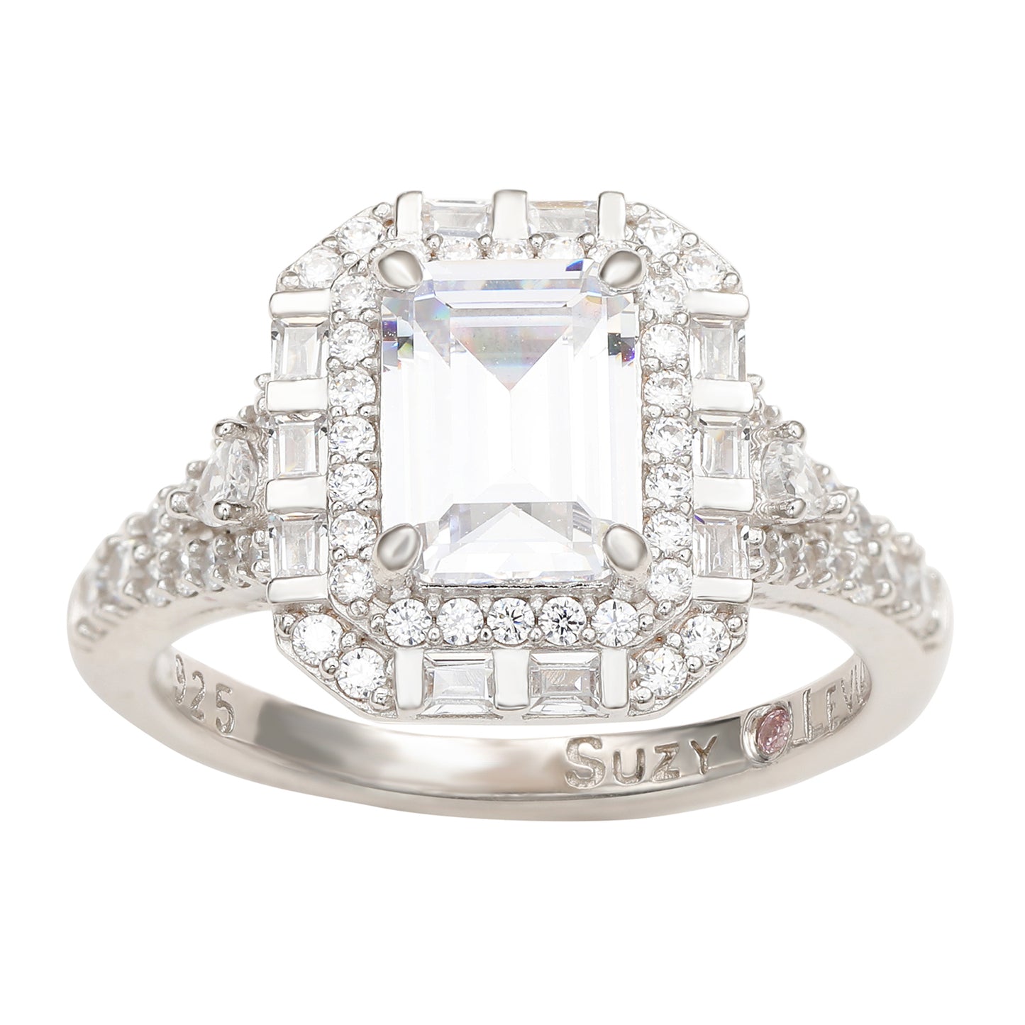 Suzy Levian Sterling Silver Emerald Cut White Cubic Zirconia Engagement Ring