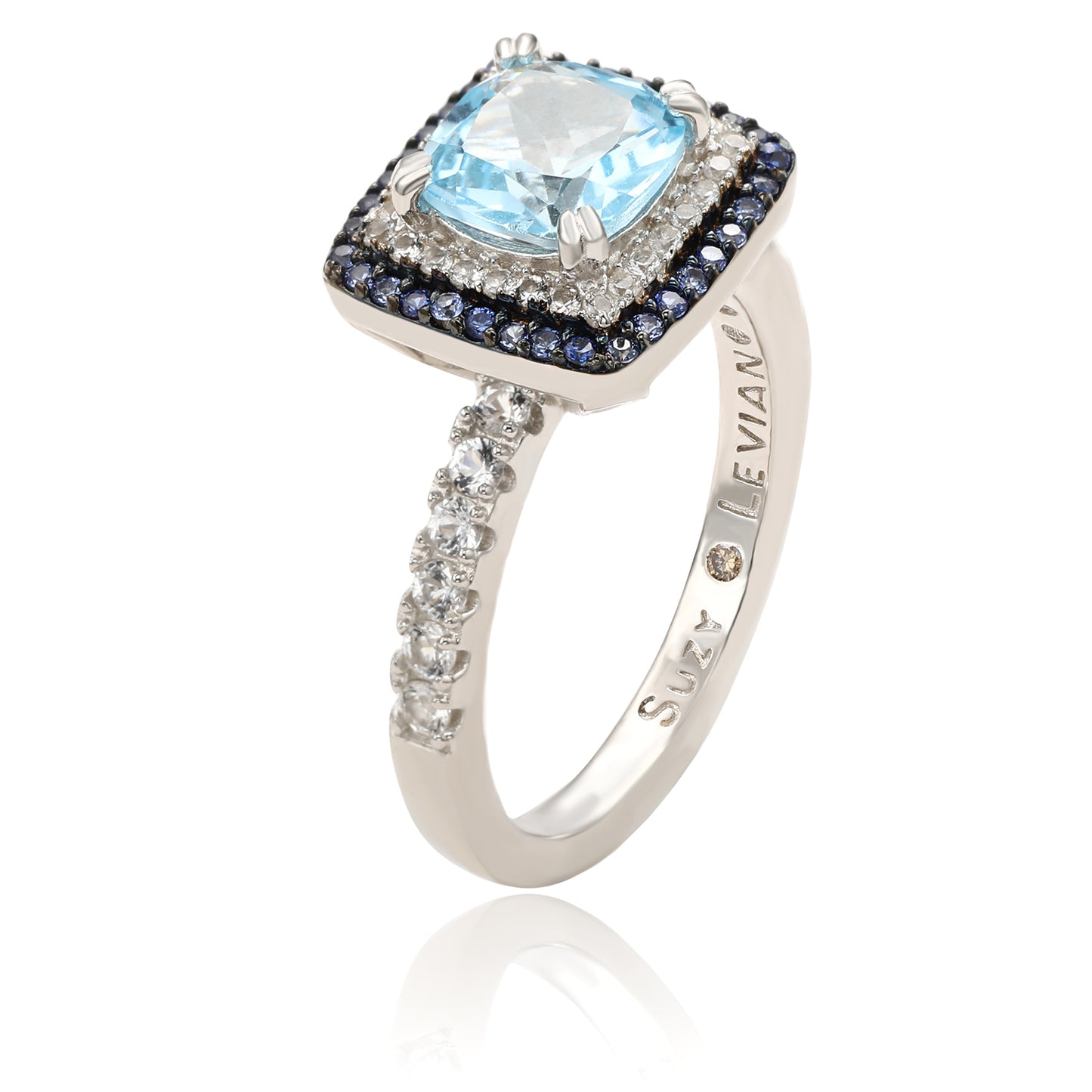 Suzy Levian Sterling Silver Cushion Cut Blue Topaz and Sapphire Accent Ring