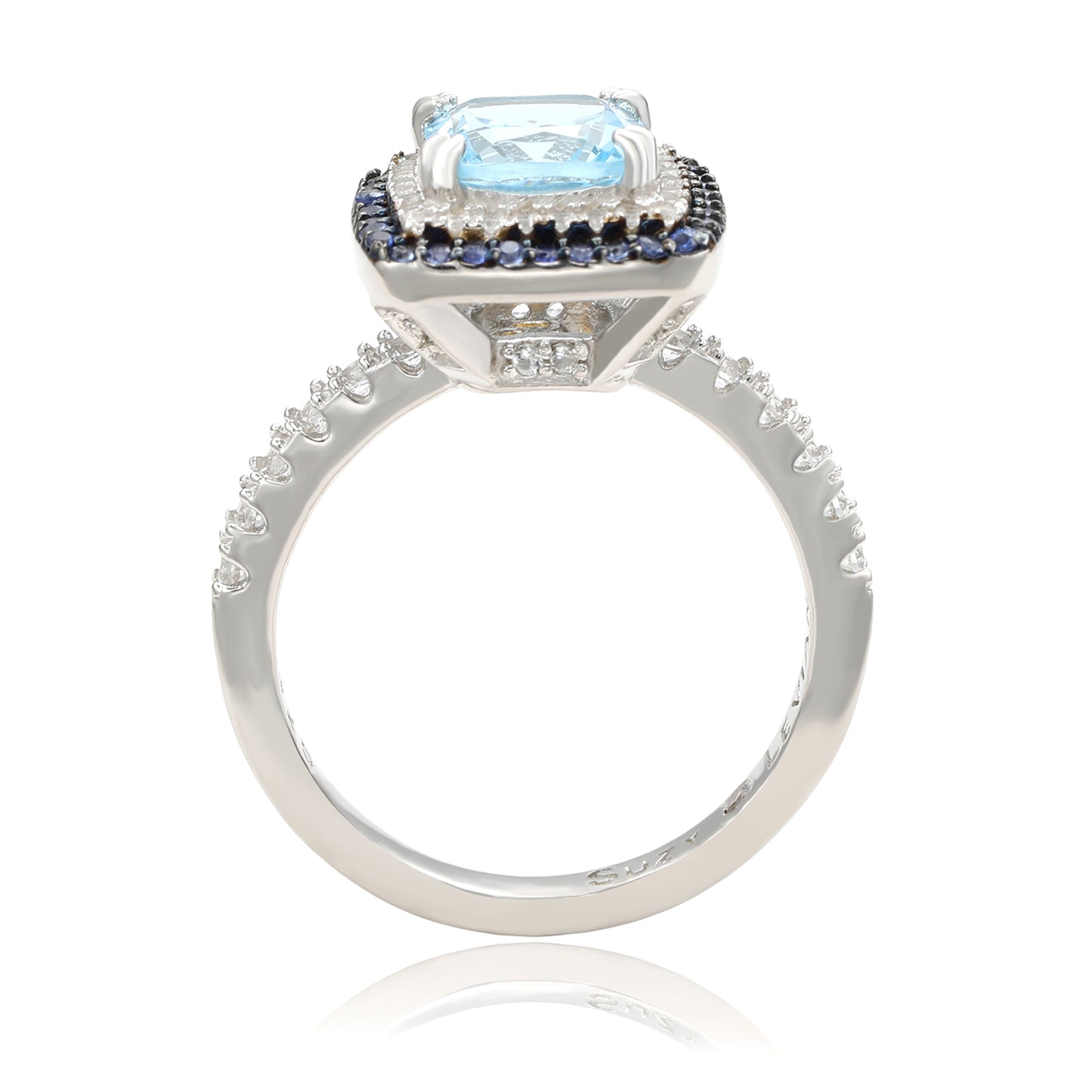 Suzy Levian Sterling Silver Cushion Cut Blue Topaz and Sapphire Accent Ring