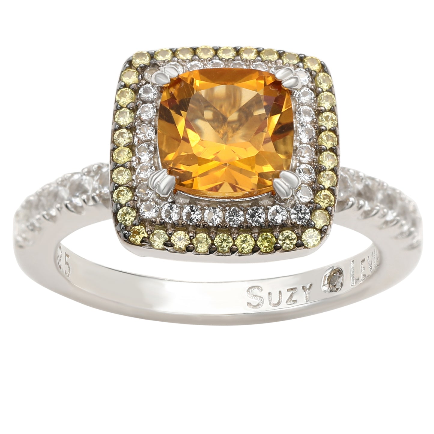 Suzy Levian Sterling Silver Orange Citrine Cushion Cut and Sapphire Ring
