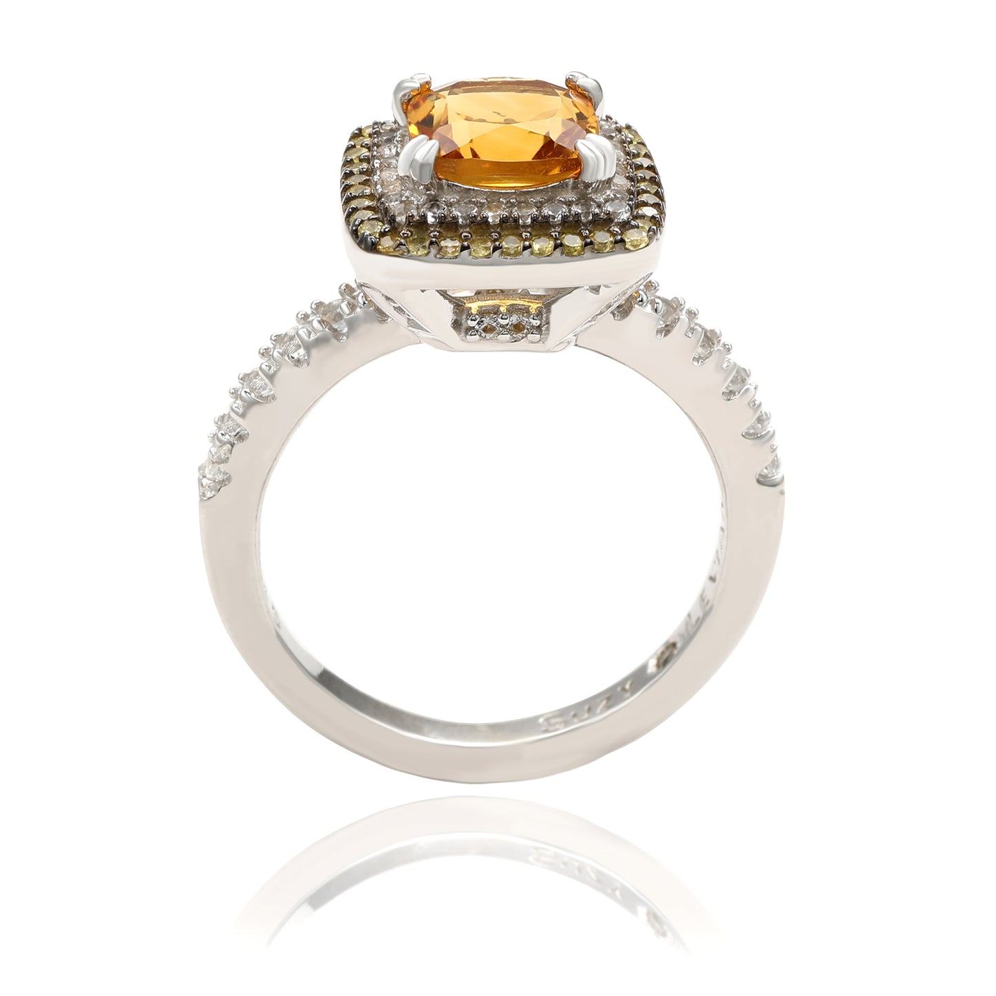 Suzy Levian Sterling Silver Orange Citrine Cushion Cut and Sapphire Ring