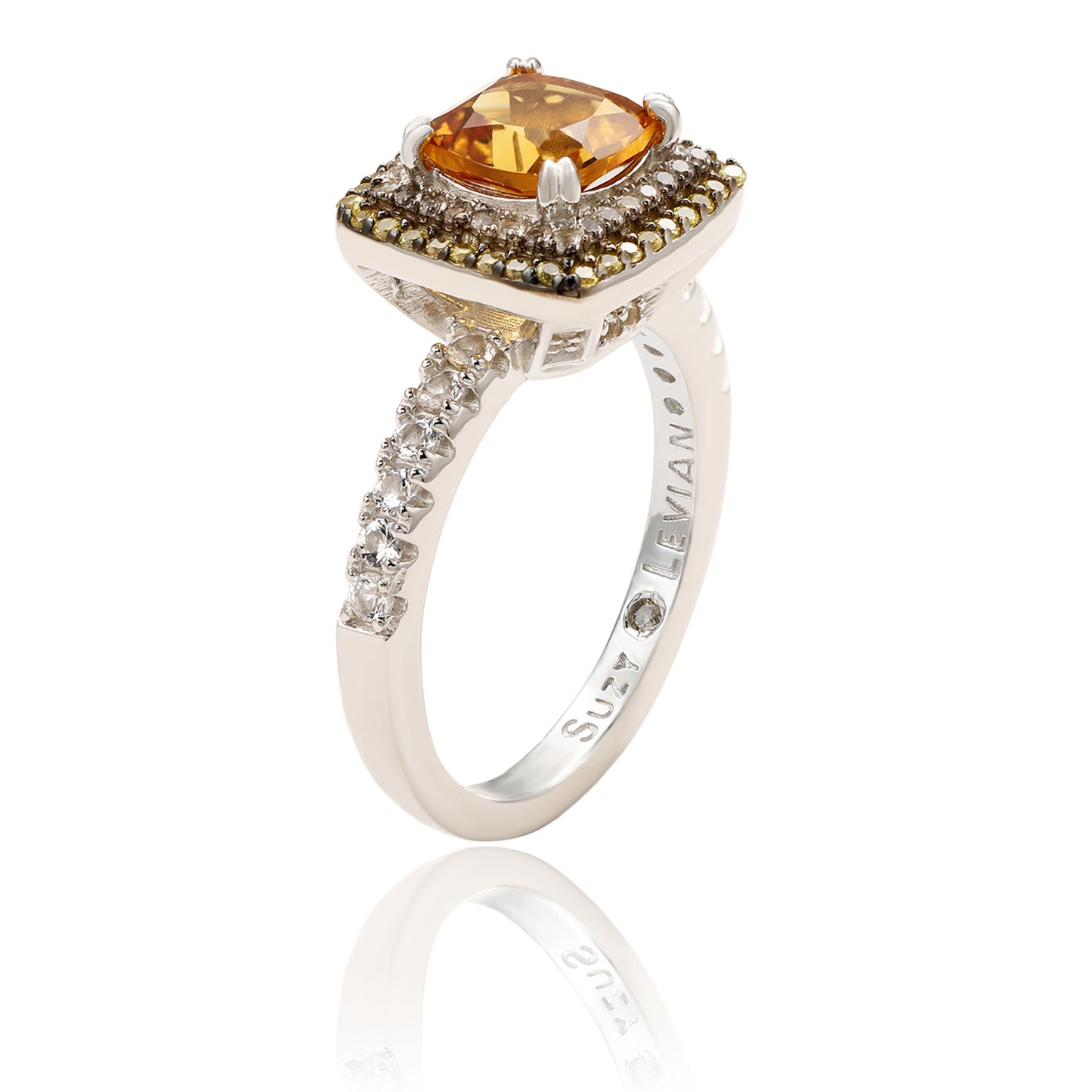 Suzy Levian Sterling Silver Orange Citrine Cushion Cut and Sapphire Ring