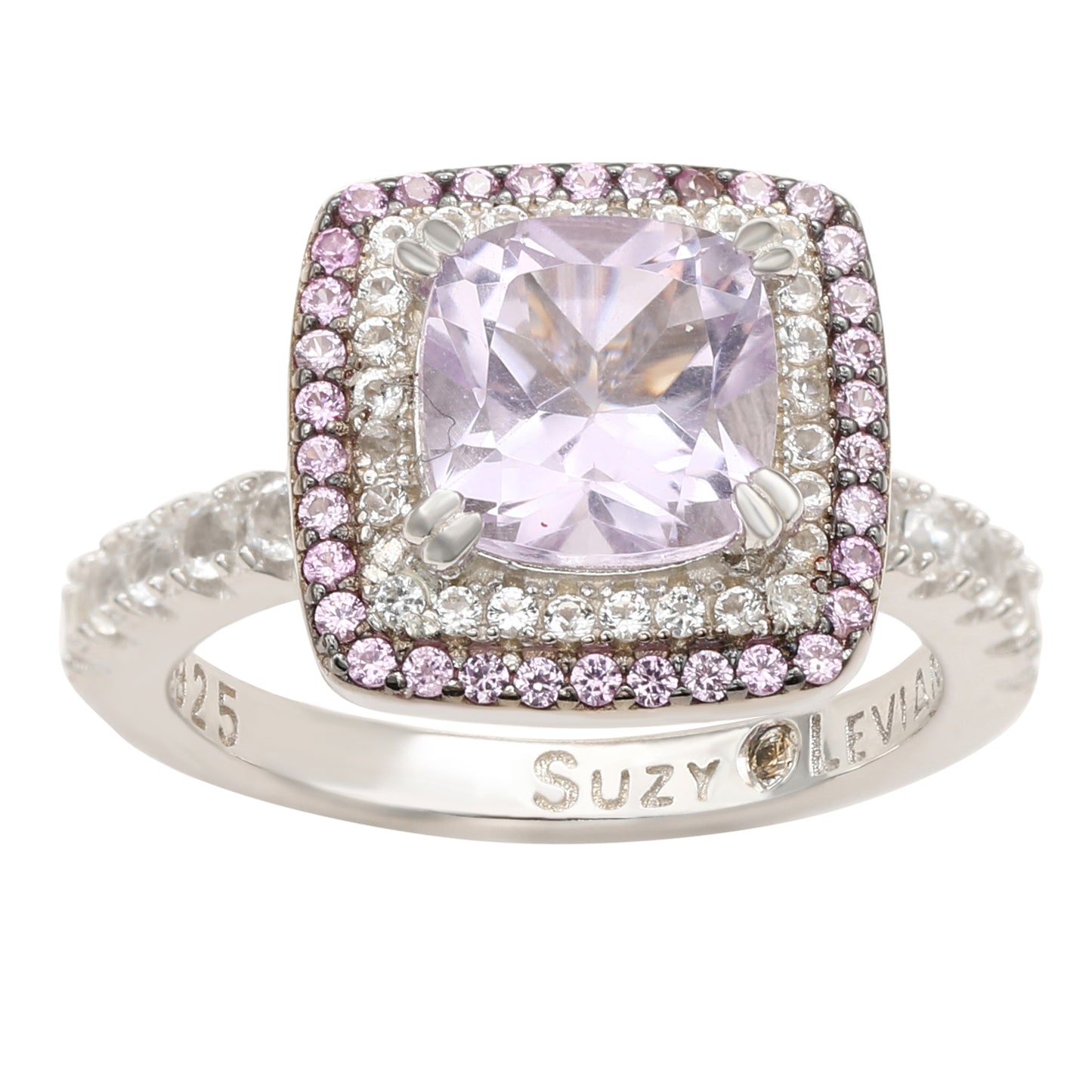Suzy Levian Sterling Silver Purple Amethyst Cushion Cut and Sapphire Accent Ring