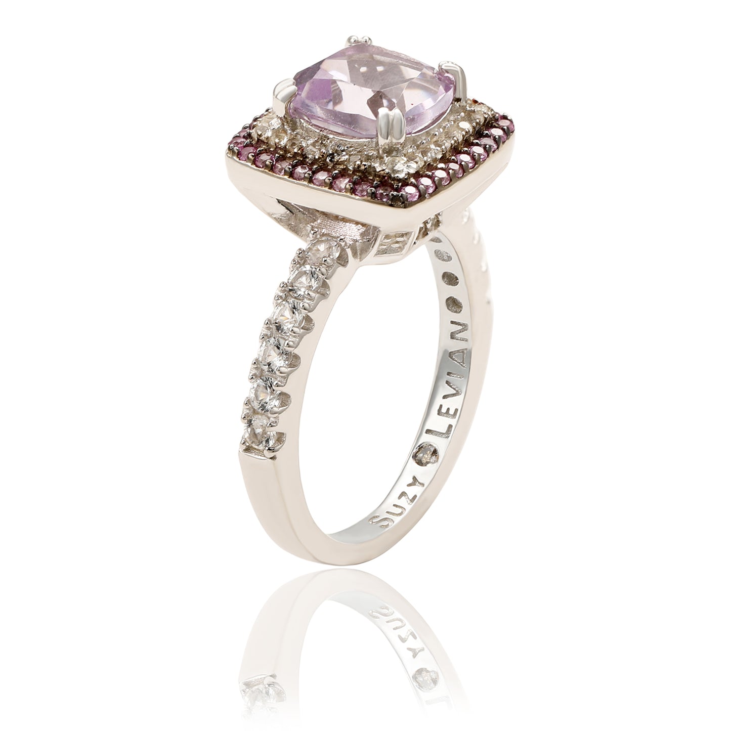 Suzy Levian Sterling Silver Purple Amethyst Cushion Cut and Sapphire Accent Ring