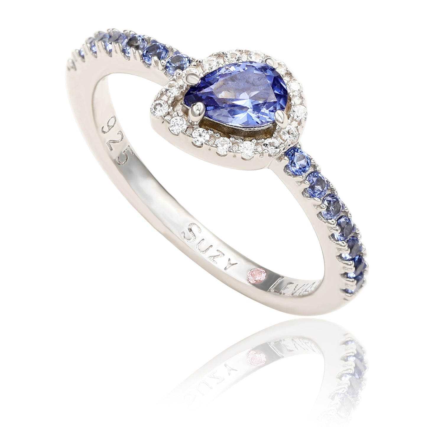 Suzy Levian Sterling Silver Blue & White Sapphire Pear Shape Petite Ring