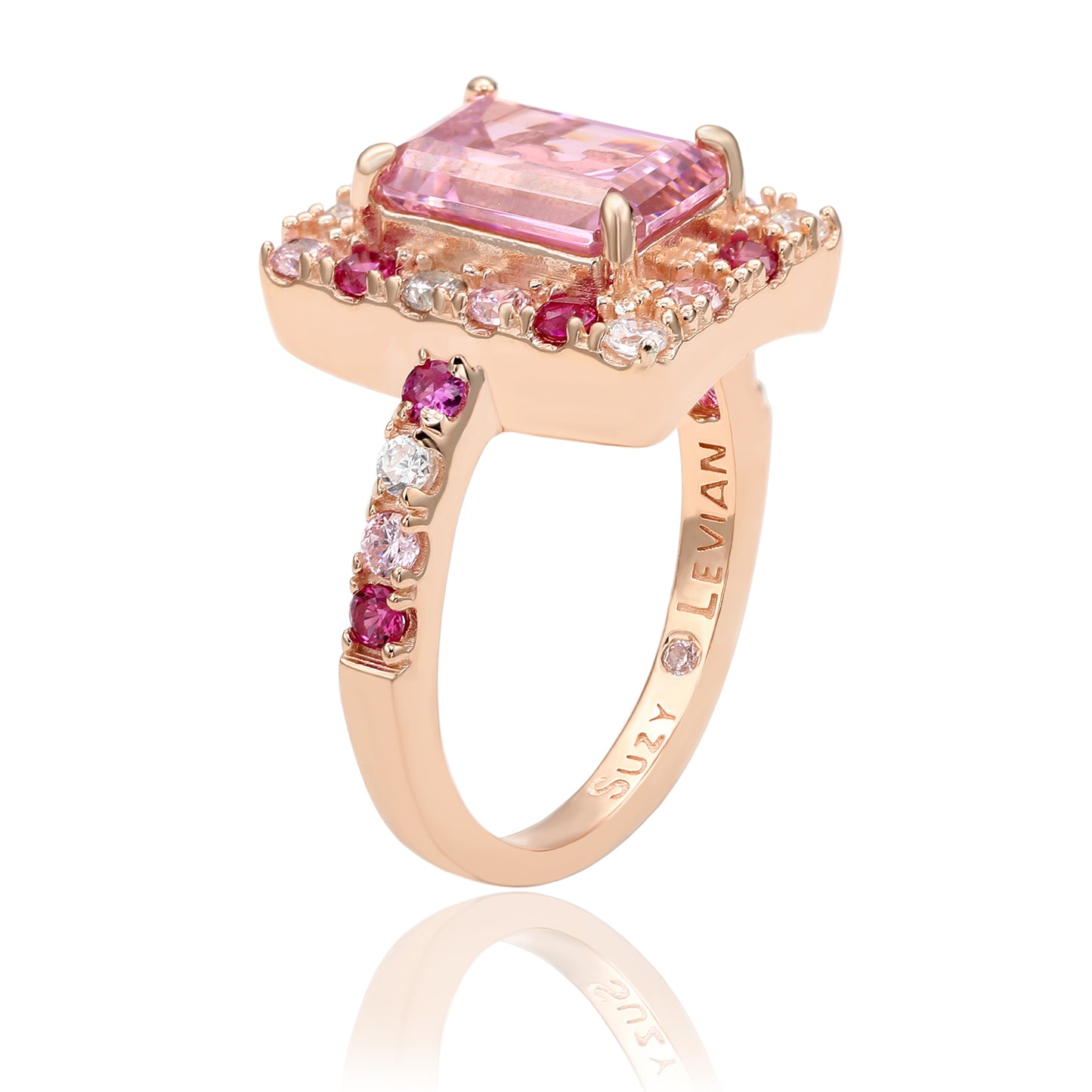 Suzy Levian Rose Sterling Silver Emerald Cut Pink Cubic Zirconia Ring
