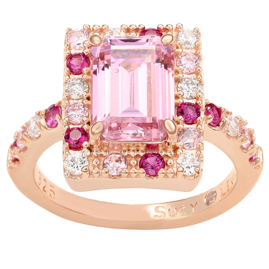 Suzy Levian Rose Sterling Silver Emerald Cut Pink Cubic Zirconia Ring