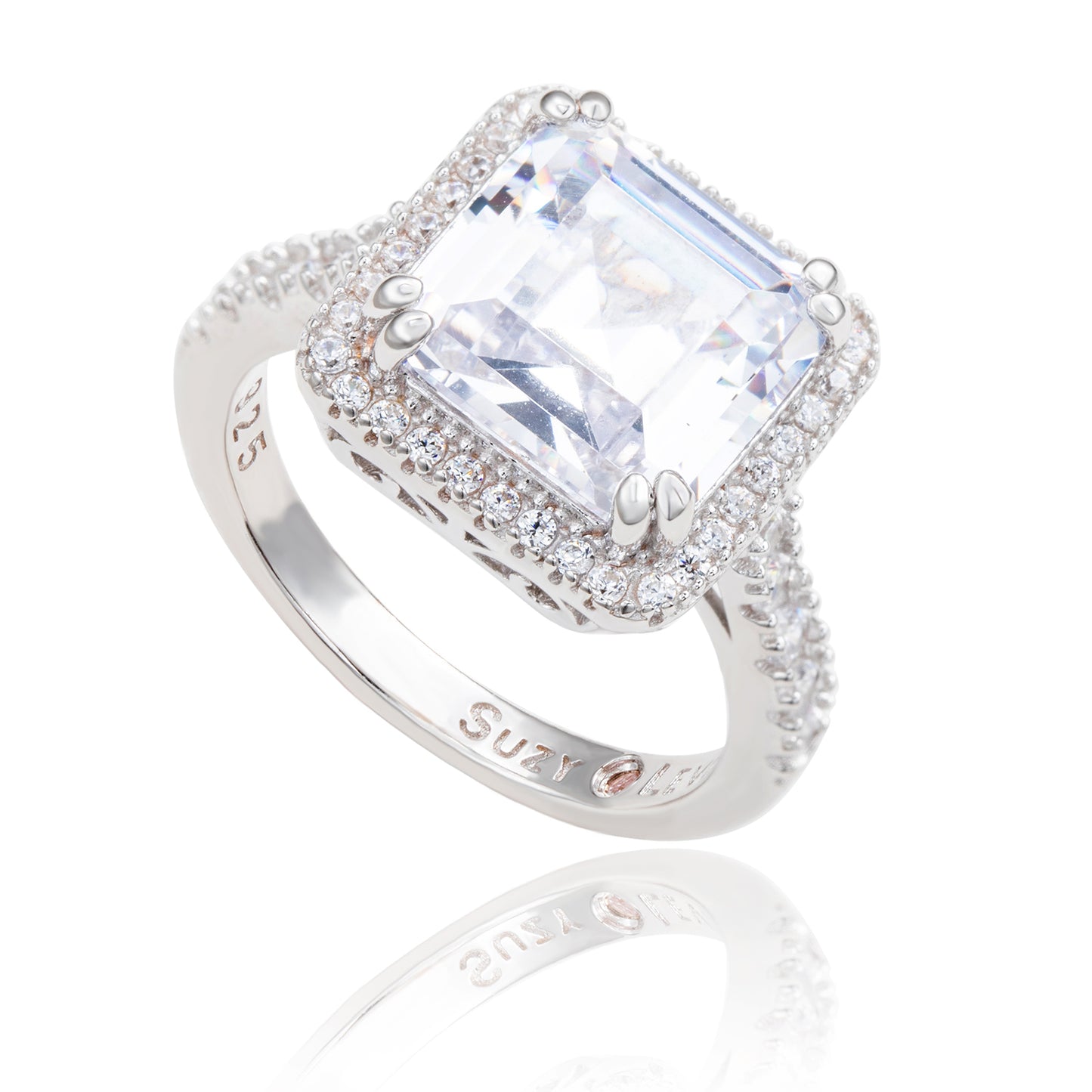 Suzy Levian Sterling Silver White Assher Cubic Zirconia Engagement Ring