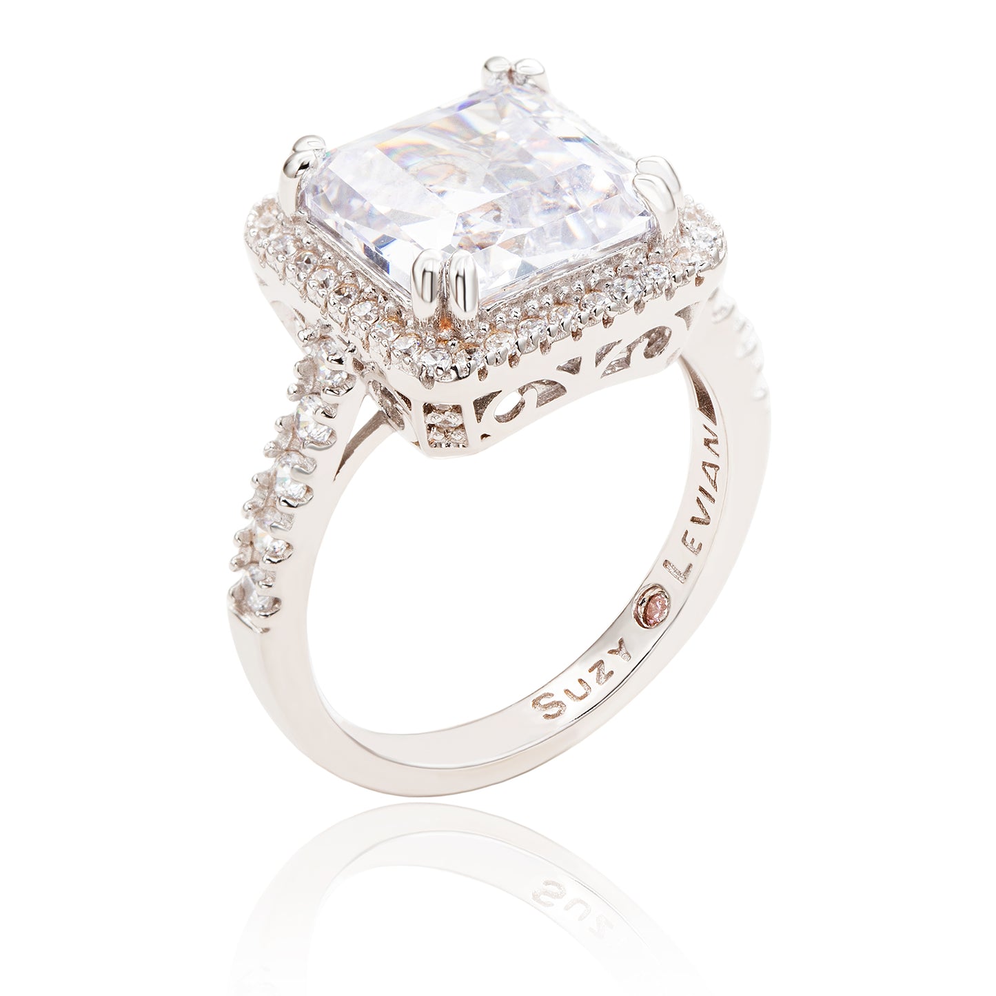 Suzy Levian Sterling Silver White Assher Cubic Zirconia Engagement Ring