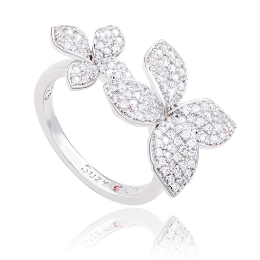 Suzy Levian Sterling Silver Cubic Zirconia Between The Finger Double Flower Ring