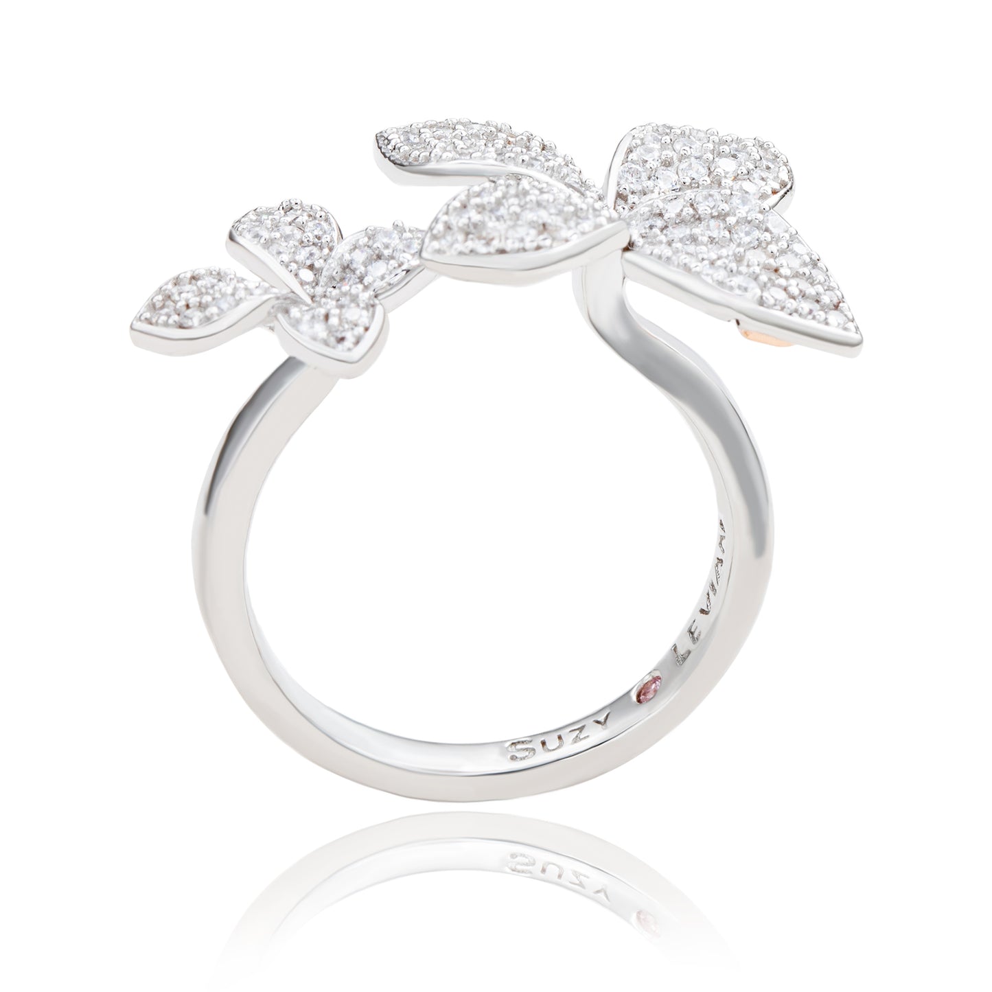 Suzy Levian Sterling Silver Cubic Zirconia Between The Finger Double Flower Ring