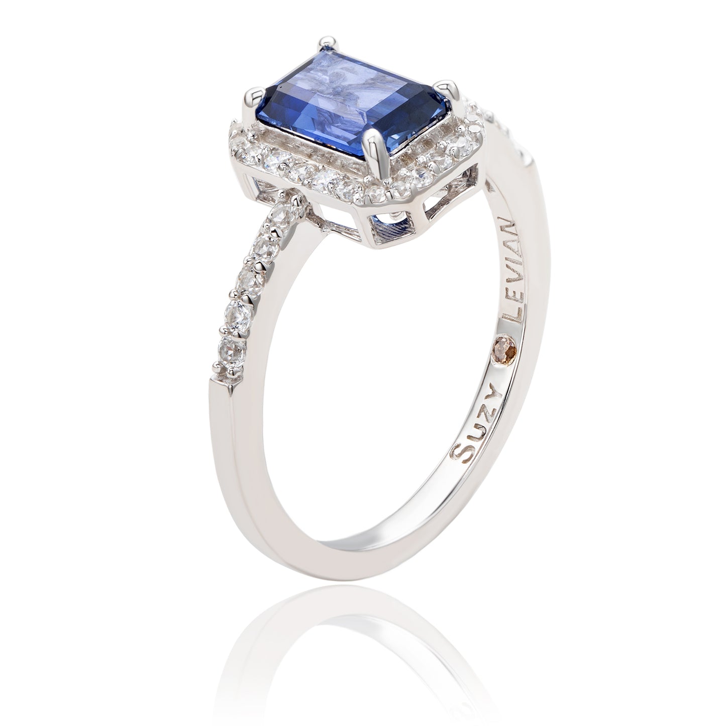 Suzy Levian Sterling Silver Emerald Cut Blue Sapphire & Diamond Accent Halo Ring
