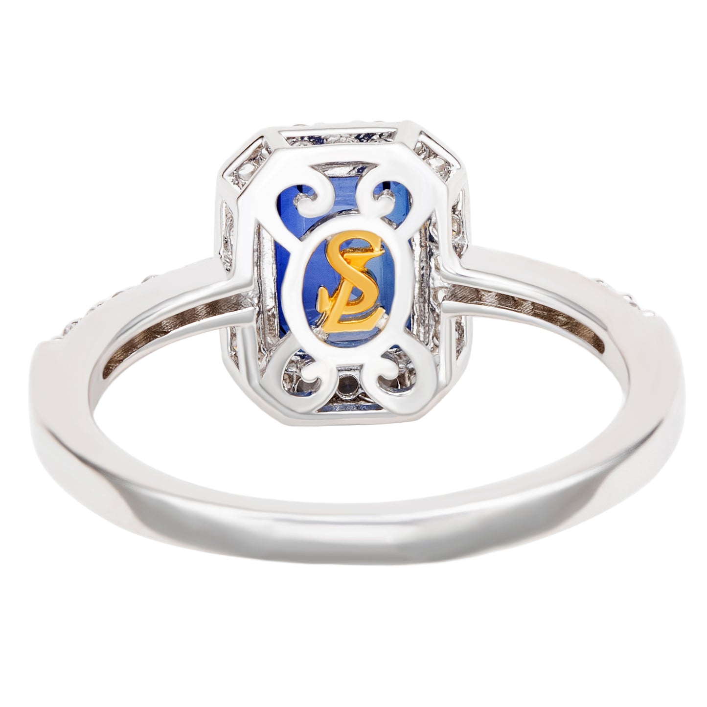 Suzy Levian Sterling Silver Emerald Cut Blue Sapphire & Diamond Accent Halo Ring