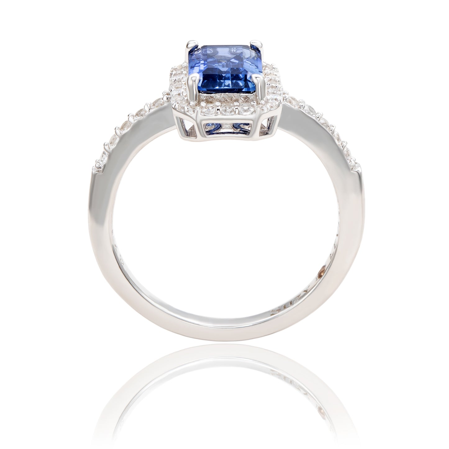 Suzy Levian Sterling Silver Emerald Cut Blue Sapphire & Diamond Accent Halo Ring