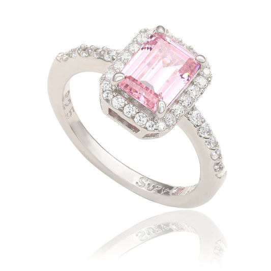 Suzy Levian Sterling Silver Emerald Cut Pink Sapphire & Diamond Accent Halo Ring