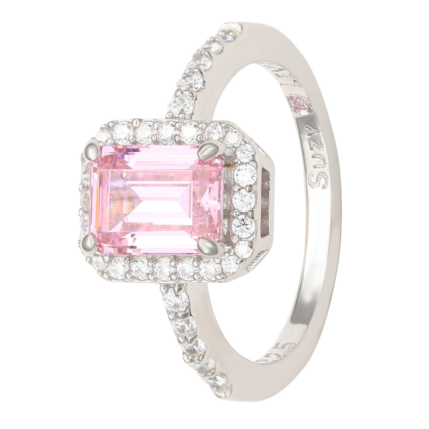 Suzy Levian Sterling Silver Emerald Cut Pink Sapphire & Diamond Accent Halo Ring