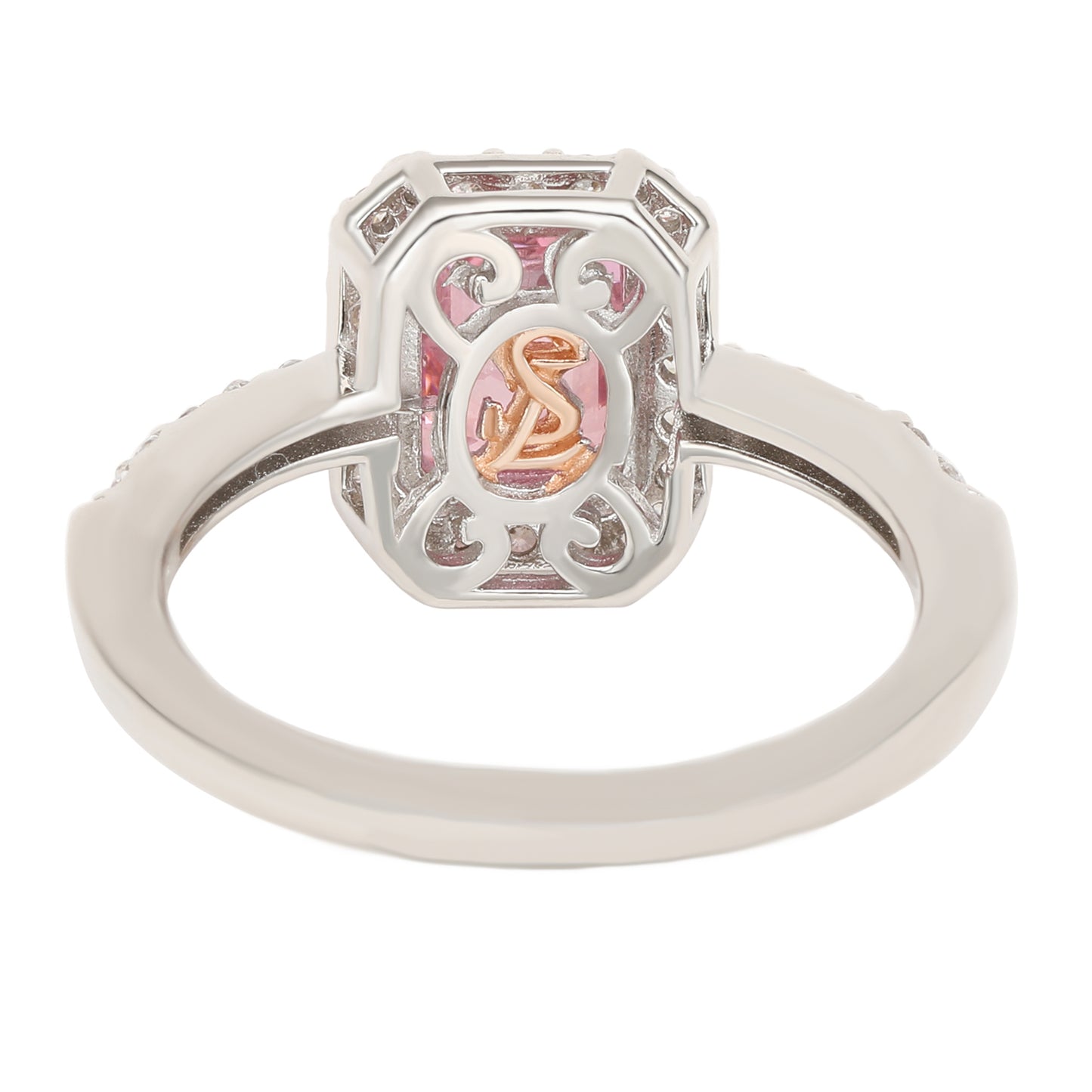 Suzy Levian Sterling Silver Emerald Cut Pink Sapphire & Diamond Accent Halo Ring