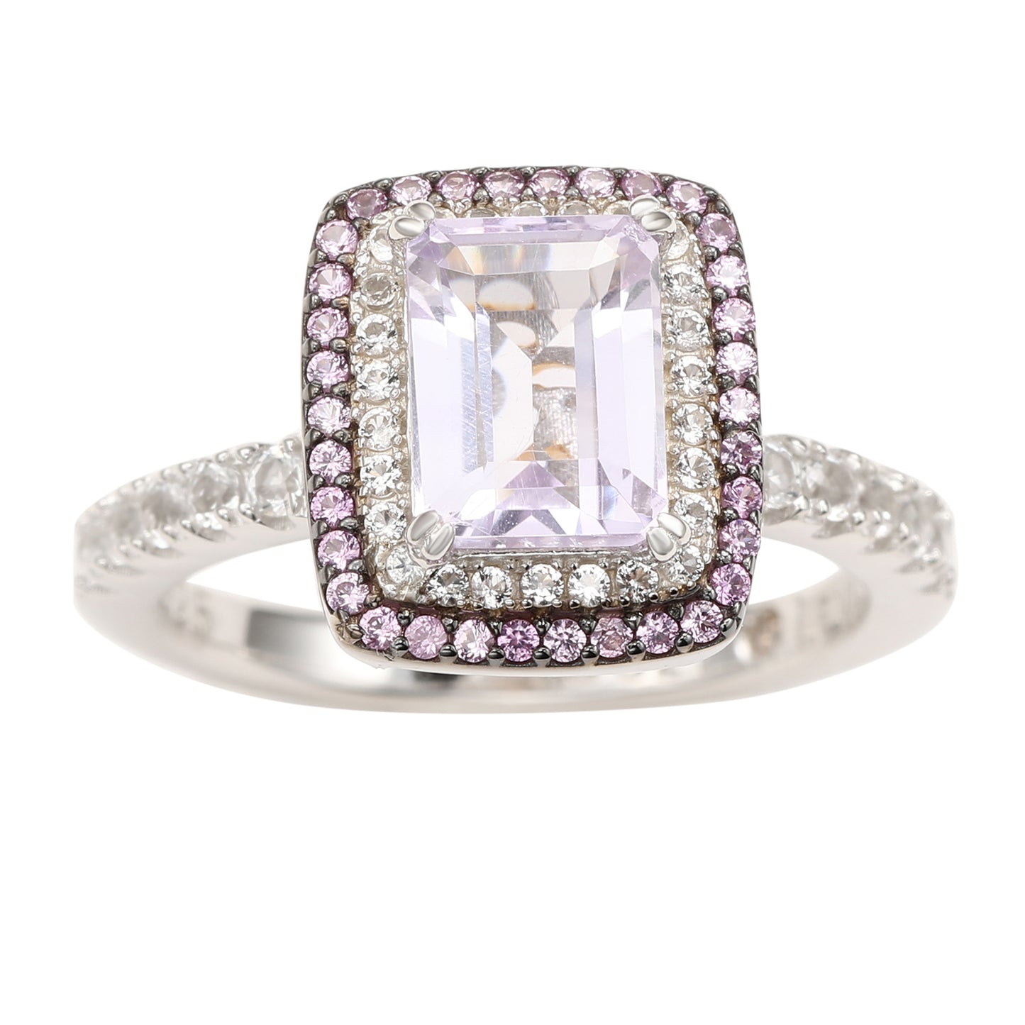 Suzy Levian Sterling Silver Emerald Cut Purple Amethyst and Pink Sapphire Accent Ring