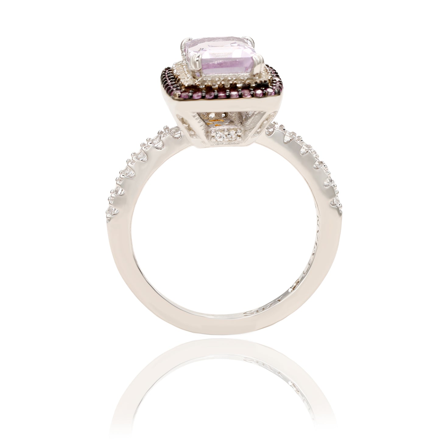 Suzy Levian Sterling Silver Emerald Cut Purple Amethyst and Pink Sapphire Accent Ring