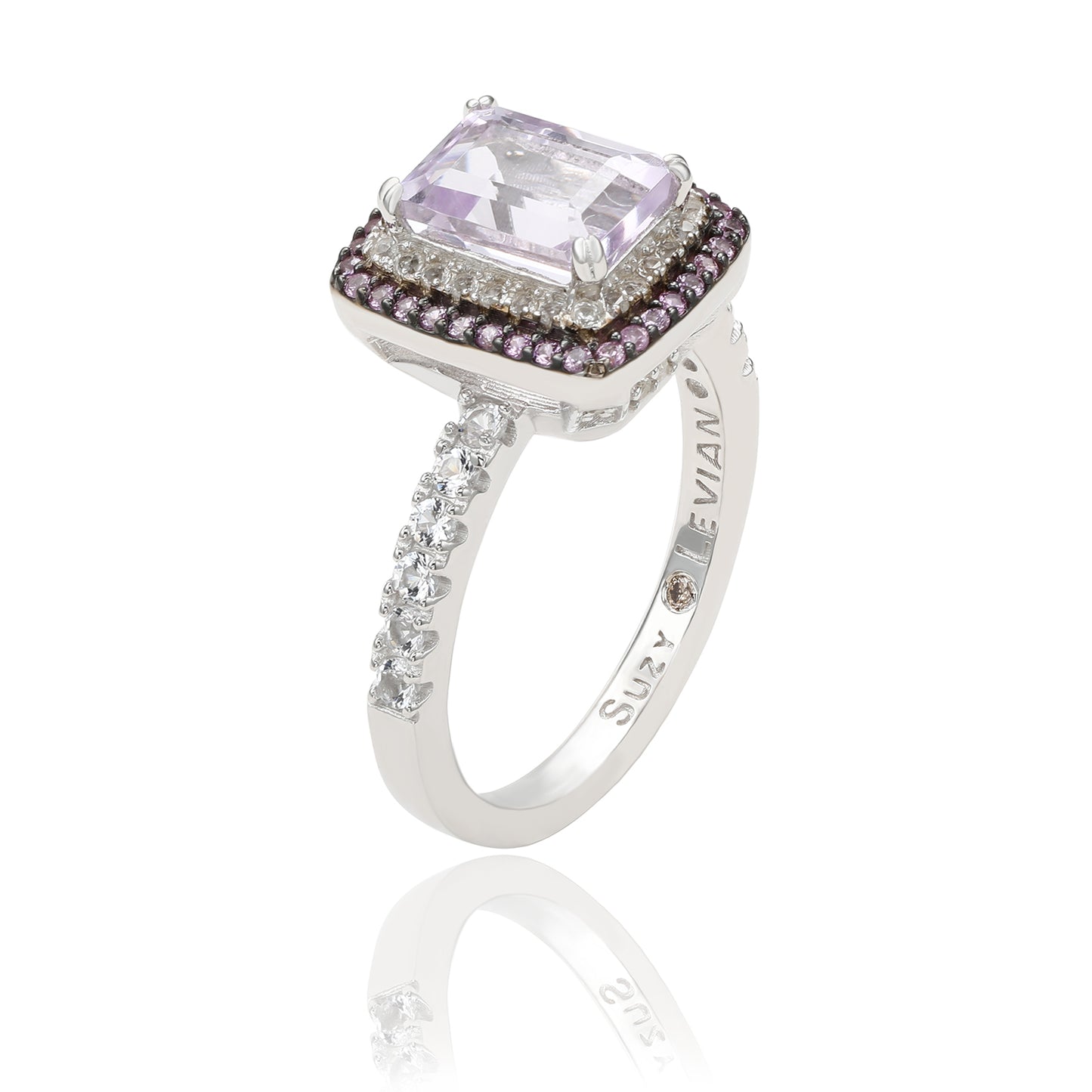 Suzy Levian Sterling Silver Emerald Cut Purple Amethyst and Pink Sapphire Accent Ring