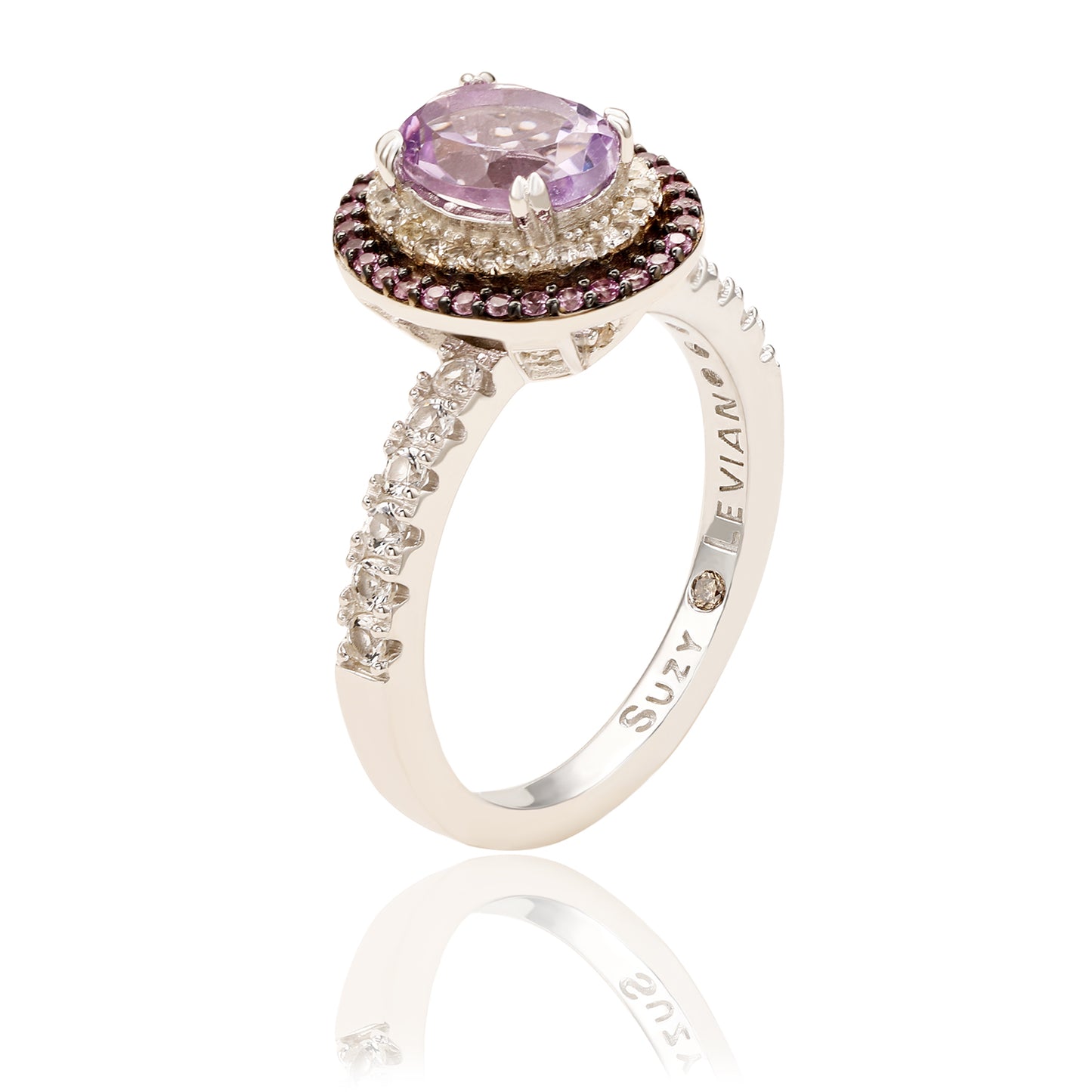 Suzy Levian Sterling Silver Oval Cut Purple Amethyst and Sapphire Accent Ring